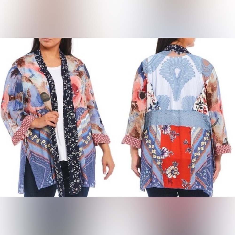 John Mark Navy Multicolor Open Front Patchwork Kimono, 3/4 Sleeves, size L EUC